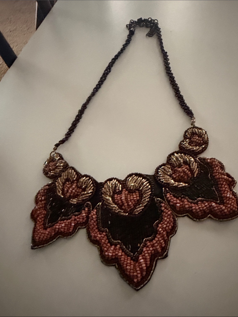Beaded Floral Statement Necklace in Black and Brown